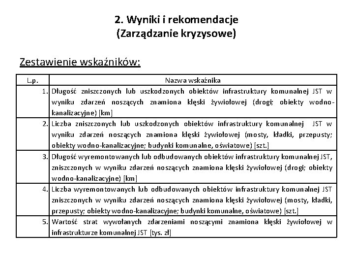 2. Wyniki i rekomendacje (Zarządzanie kryzysowe) Zestawienie wskaźników: L. p. 1. 2. 3. 4.