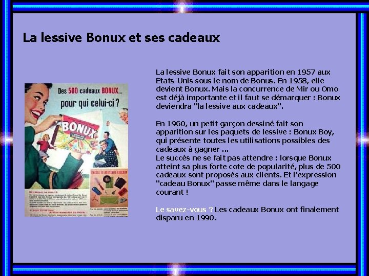 La lessive Bonux et ses cadeaux La lessive Bonux fait son apparition en 1957