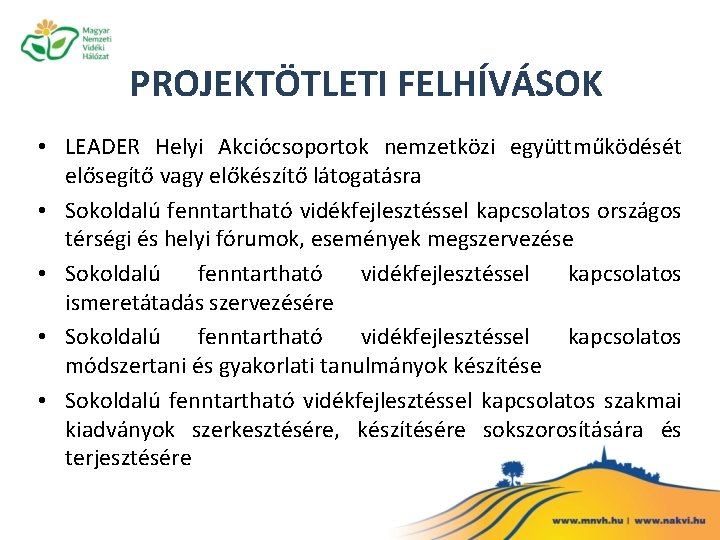 PROJEKTÖTLETI FELHÍVÁSOK • LEADER Helyi Akciócsoportok nemzetközi együttműködését elősegítő vagy előkészítő látogatásra • Sokoldalú