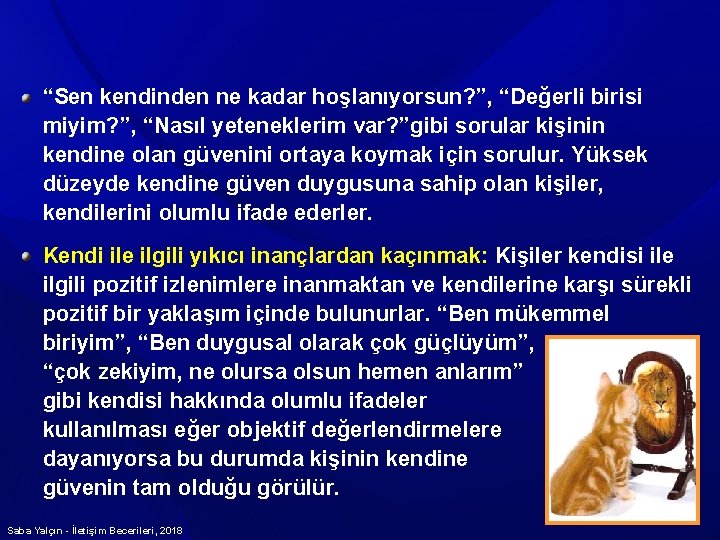 “Sen kendinden ne kadar hoşlanıyorsun? ”, “Değerli birisi miyim? ”, “Nasıl yeteneklerim var? ”gibi