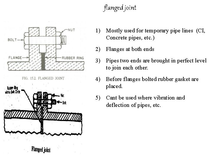 flanged joint 1) Mostly used for temporary pipe lines (CI, Concrete pipes, etc. )