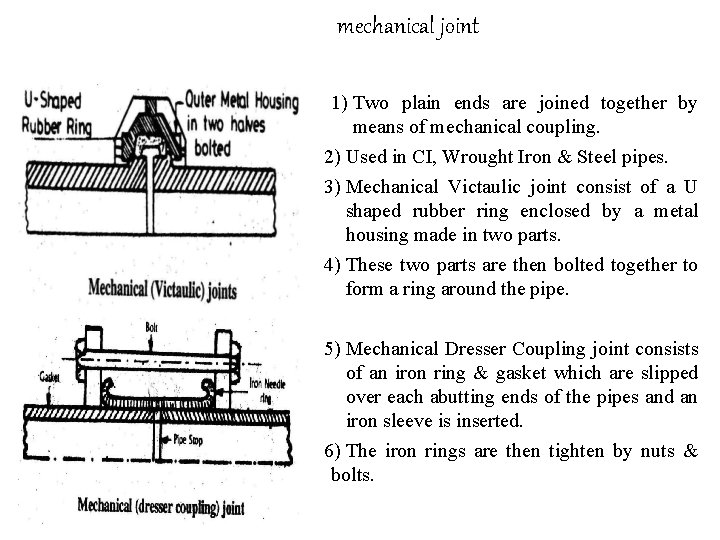 mechanical joint 1) Two plain ends are joined together by means of mechanical coupling.