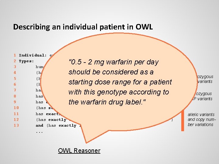 Describing an individual patient in OWL 1 Individual: example_patient 2 Types: 3 human, 4