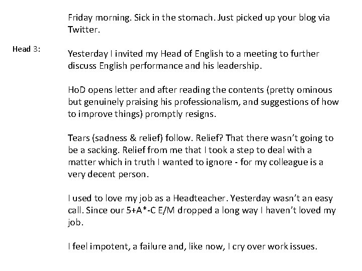 Friday morning. Sick in the stomach. Just picked up your blog via Twitter. Head