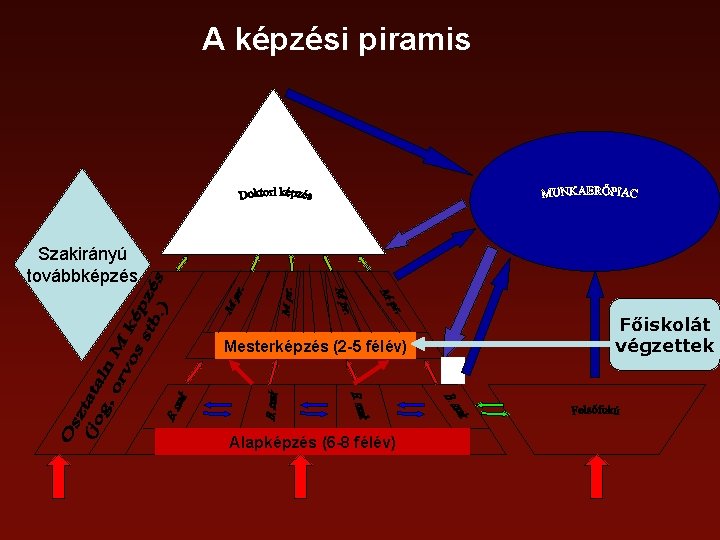 A képzési piramis Szakirányú továbbképzés Mesterképzés (2 -5 félév) Alapképzés (6 -8 félév) Főiskolát