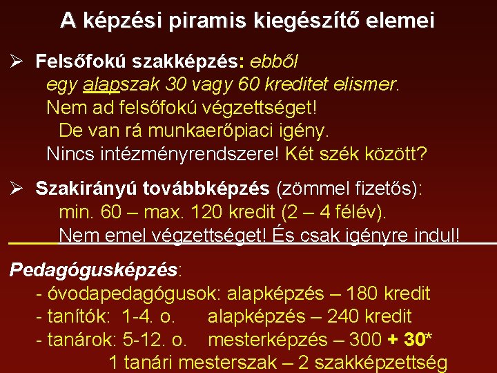 A képzési piramis kiegészítő elemei Ø Felsőfokú szakképzés: ebből egy alapszak 30 vagy 60