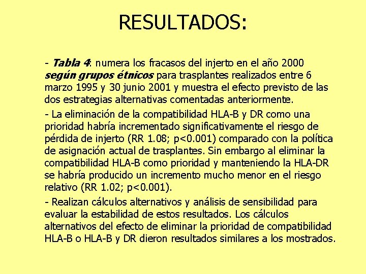 RESULTADOS: - Tabla 4: numera los fracasos del injerto en el año 2000 según