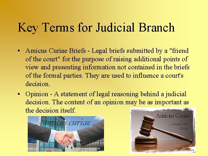 Key Terms for Judicial Branch • Amicus Curiae Briefs - Legal briefs submitted by