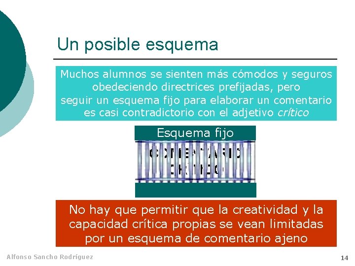 Un posible esquema Muchos alumnos se sienten más cómodos y seguros obedeciendo directrices prefijadas,