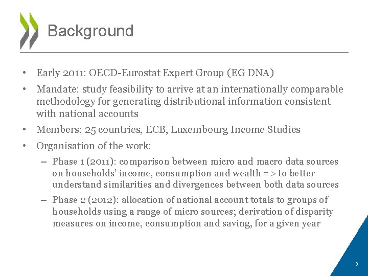 Background • Early 2011: OECD-Eurostat Expert Group (EG DNA) • Mandate: study feasibility to