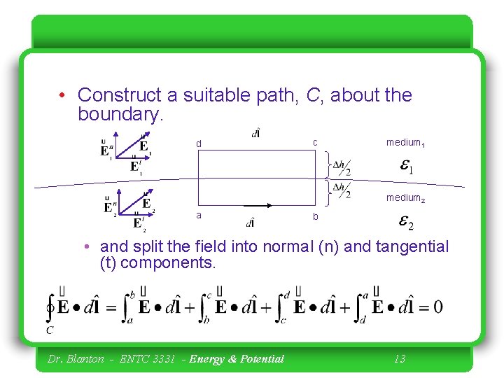  • Construct a suitable path, C, about the boundary. d c medium 1