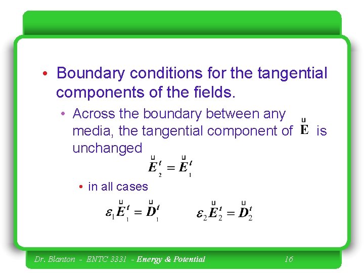  • Boundary conditions for the tangential components of the fields. • Across the