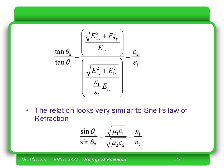  • The relation looks very similar to Snell’s law of Refraction Dr. Blanton