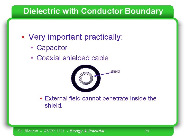 Dielectric with Conductor Boundary • Very important practically: • Capacitor • Coaxial shielded cable