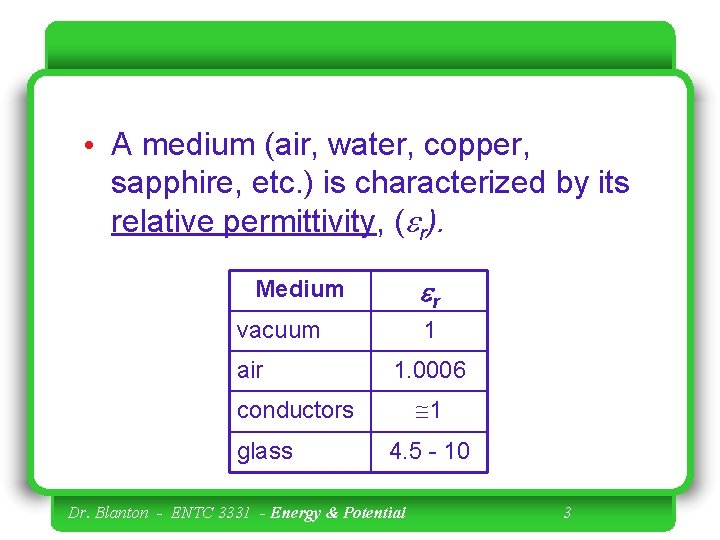  • A medium (air, water, copper, sapphire, etc. ) is characterized by its