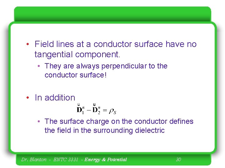  • Field lines at a conductor surface have no tangential component. • They