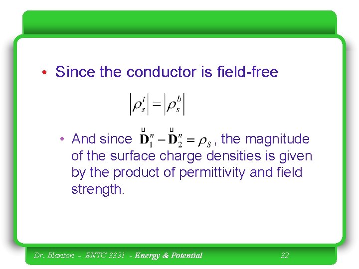  • Since the conductor is field-free • And since , the magnitude of