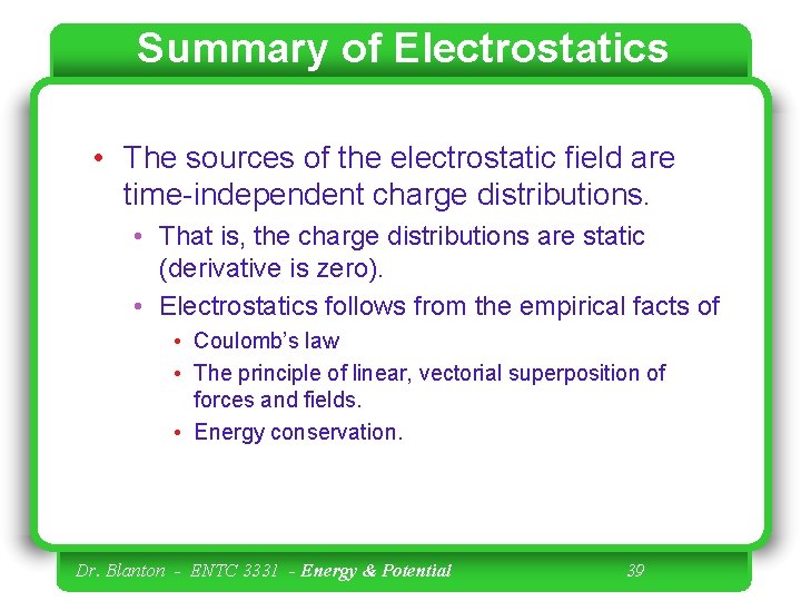 Summary of Electrostatics • The sources of the electrostatic field are time-independent charge distributions.