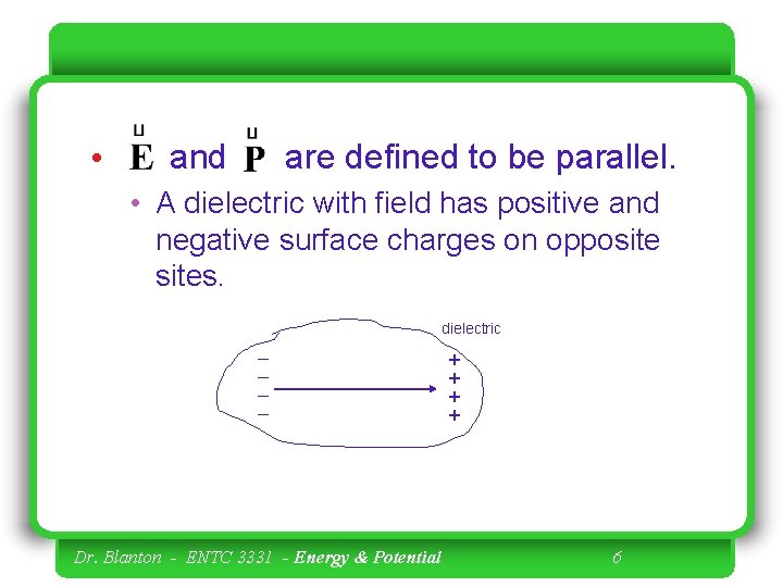  • and are defined to be parallel. • A dielectric with field has