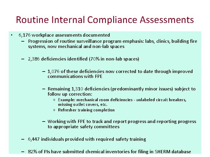 Routine Internal Compliance Assessments • 6, 176 workplace assessments documented – Progression of routine