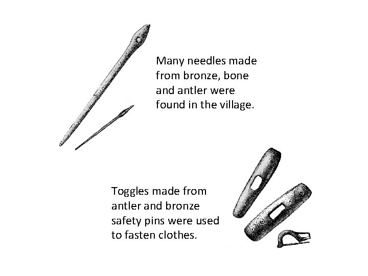 Many needles made from bronze, bone and antler were found in the village. Toggles