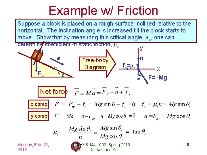 Example w/ Friction θ Suppose a block is placed on a rough surface inclined