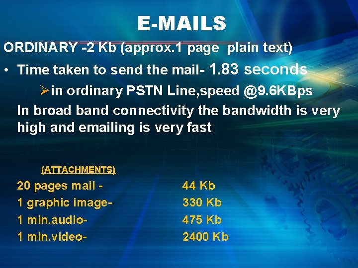E-MAILS ORDINARY -2 Kb (approx. 1 page plain text) • Time taken to send