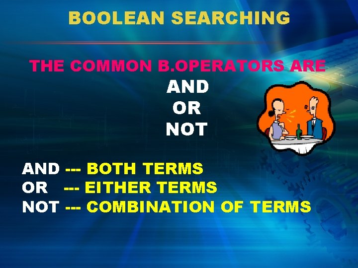 BOOLEAN SEARCHING THE COMMON B. OPERATORS ARE AND OR NOT AND --- BOTH TERMS