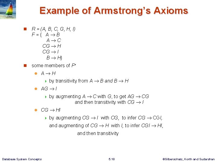 Example of Armstrong’s Axioms R = (A, B, C, G, H, I) F={ A Example of Armstrong’s Axioms R = (A, B, C, G, H, I) F={ A