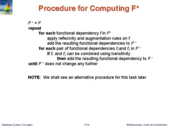 Procedure for Computing F+ F+=F repeat for each functional dependency f in F+ apply Procedure for Computing F+ F+=F repeat for each functional dependency f in F+ apply