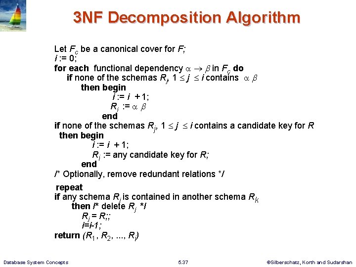 3 NF Decomposition Algorithm Let Fc be a canonical cover for F; i : 3 NF Decomposition Algorithm Let Fc be a canonical cover for F; i :