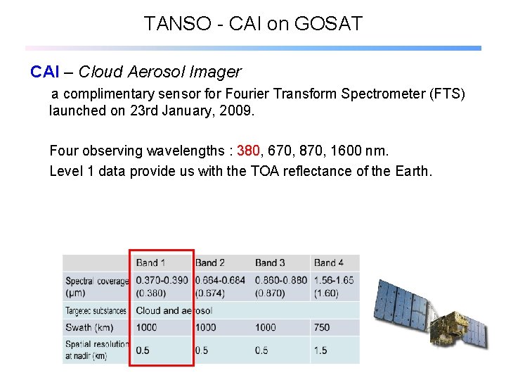 TANSO - CAI on GOSAT CAI – Cloud Aerosol Imager a complimentary sensor for