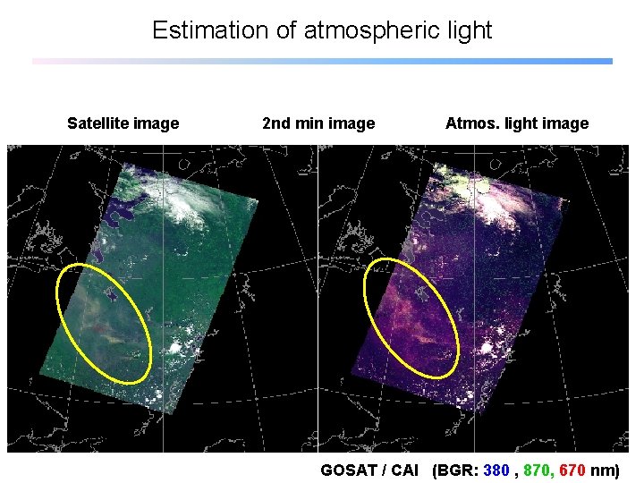 Estimation of atmospheric light Satellite image 2 nd min image Atmos. light image GOSAT