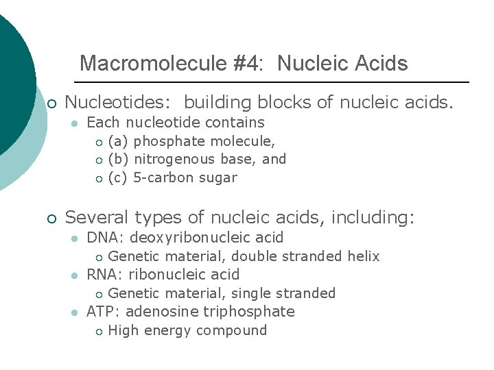 Macromolecule #4: Nucleic Acids ¡ Nucleotides: building blocks of nucleic acids. l ¡ Each