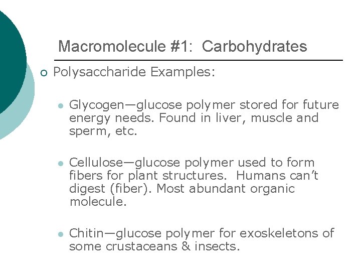 Macromolecule #1: Carbohydrates ¡ Polysaccharide Examples: l Glycogen—glucose polymer stored for future energy needs.