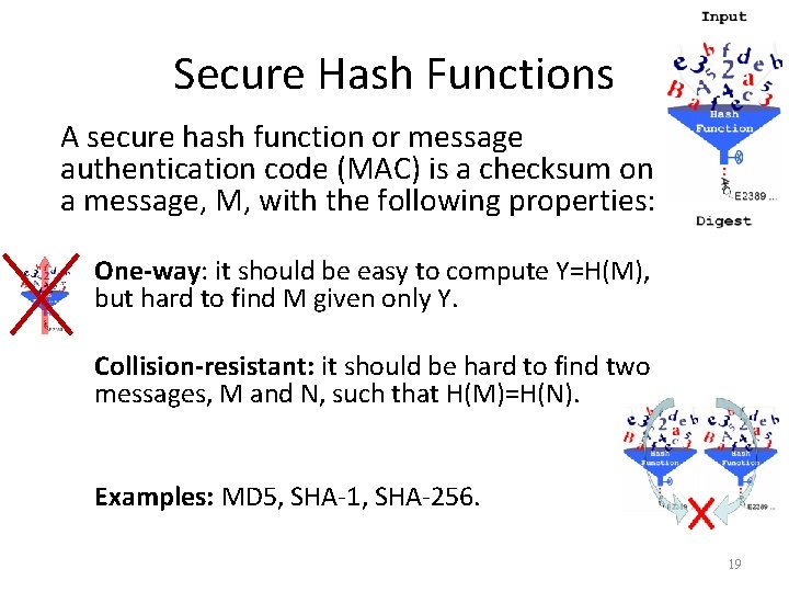 Secure Hash Functions A secure hash function or message authentication code (MAC) is a