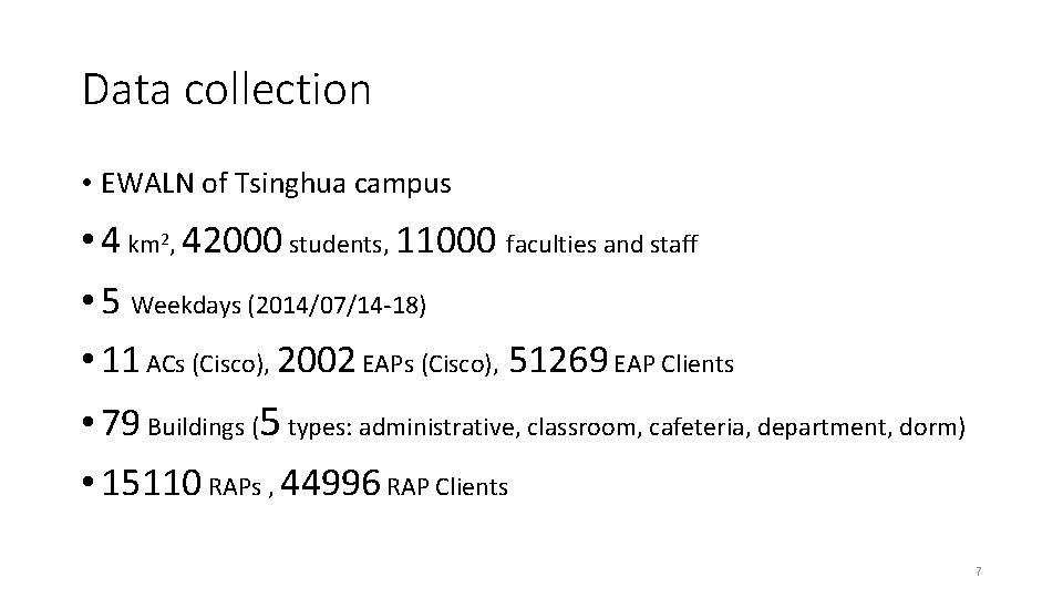Data collection • EWALN of Tsinghua campus • 4 km 2, 42000 students, 11000