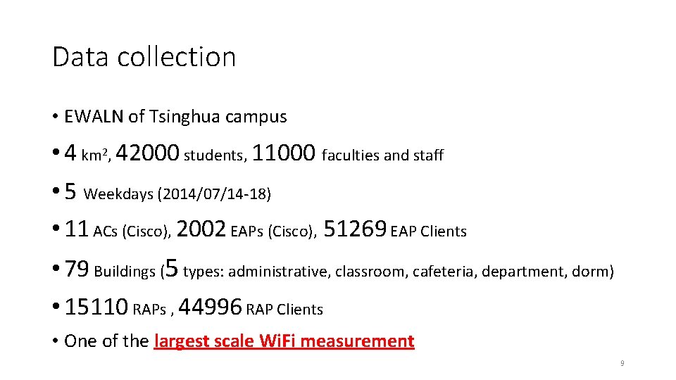 Data collection • EWALN of Tsinghua campus • 4 km 2, 42000 students, 11000