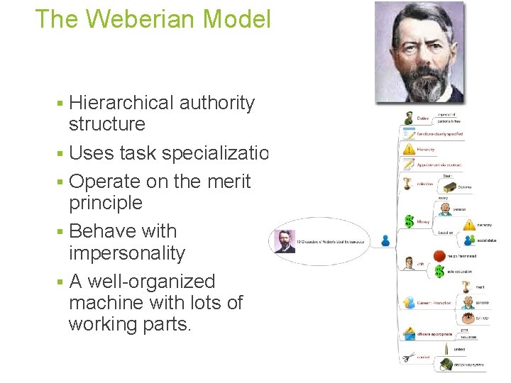 The Weberian Model Hierarchical authority structure § Uses task specialization § Operate on the