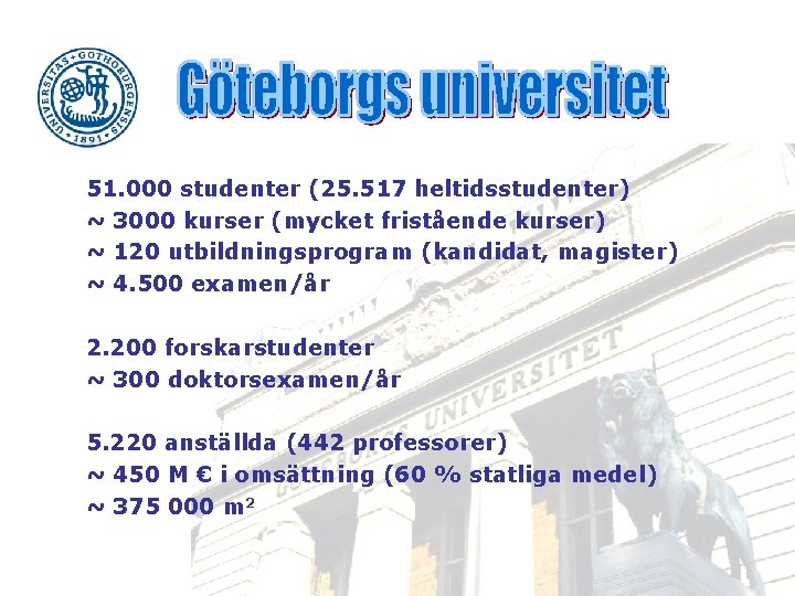 51. 000 studenter (25. 517 heltidsstudenter) ~ 3000 kurser (mycket fristående kurser) ~ 120