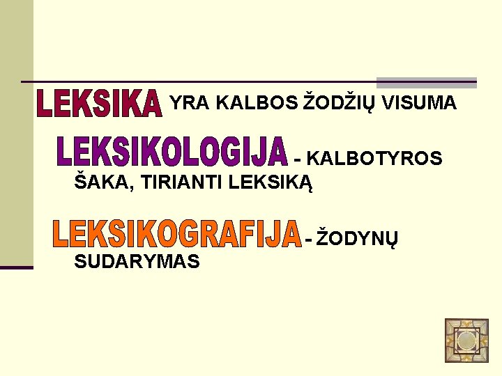 YRA KALBOS ŽODŽIŲ VISUMA - KALBOTYROS ŠAKA, TIRIANTI LEKSIKĄ - ŽODYNŲ SUDARYMAS 