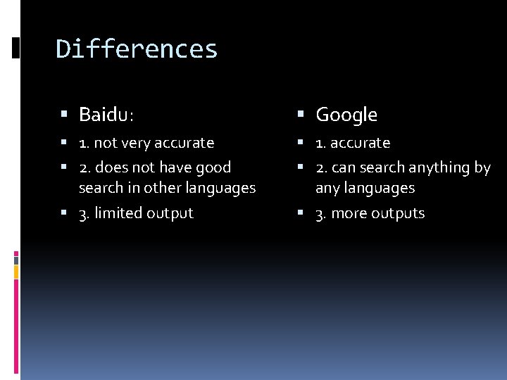 Differences Baidu: Google 1. not very accurate 1. accurate 2. does not have good