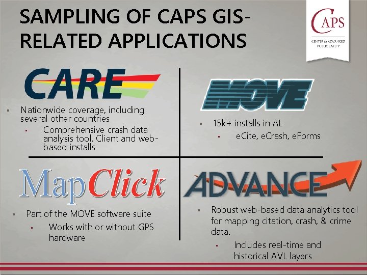 SAMPLING OF CAPS GISRELATED APPLICATIONS Nationwide coverage, including several other countries • Comprehensive crash SAMPLING OF CAPS GISRELATED APPLICATIONS Nationwide coverage, including several other countries • Comprehensive crash
