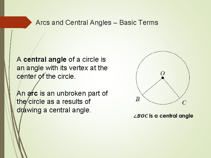 Arcs and Central Angles – Basic Terms A central angle of a circle is