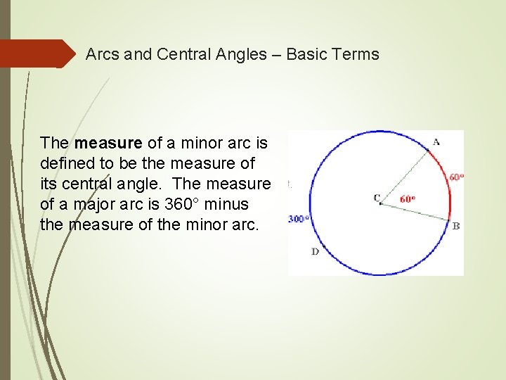 Arcs and Central Angles – Basic Terms The measure of a minor arc is