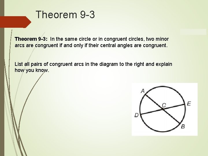 Theorem 9 -3: In the same circle or in congruent circles, two minor arcs