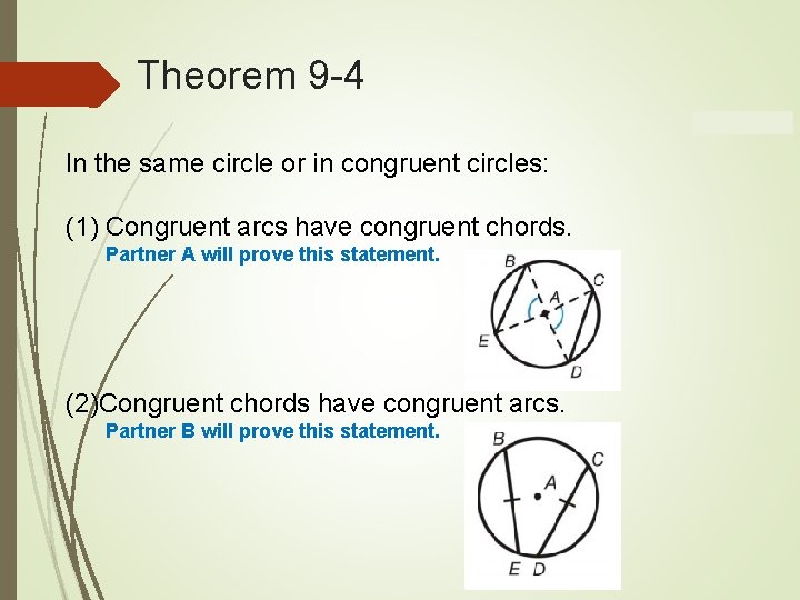 Theorem 9 -4 In the same circle or in congruent circles: (1) Congruent arcs