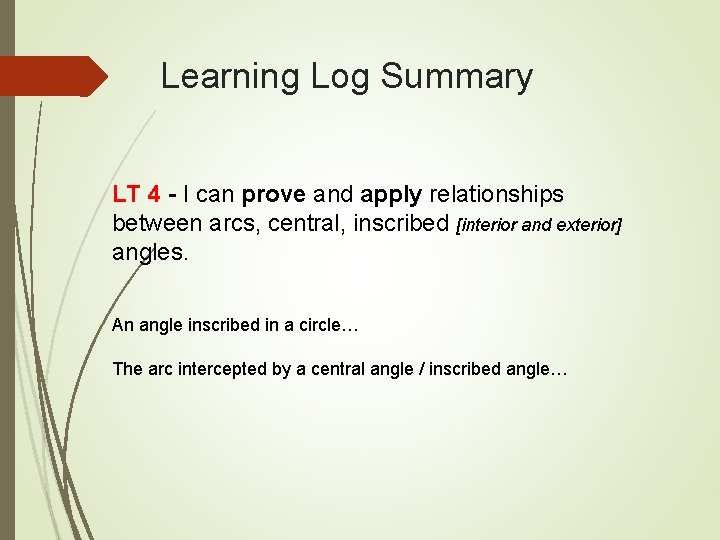 Learning Log Summary LT 4 - I can prove and apply relationships between arcs,