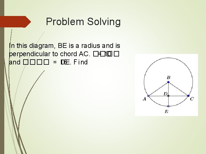 Problem Solving In this diagram, BE is a radius and is perpendicular to chord