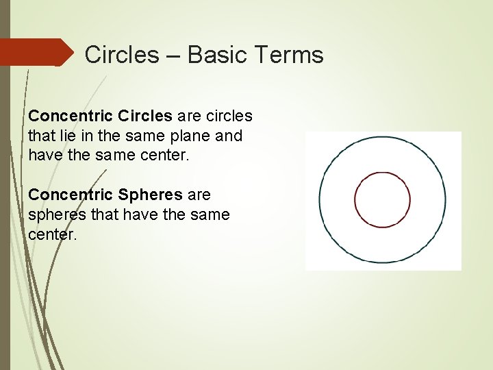 Circles – Basic Terms Concentric Circles are circles that lie in the same plane